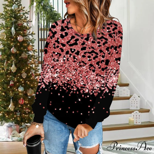Gradual Change Sequin Printing Round Neck Long Sleeve Sweater Black / S