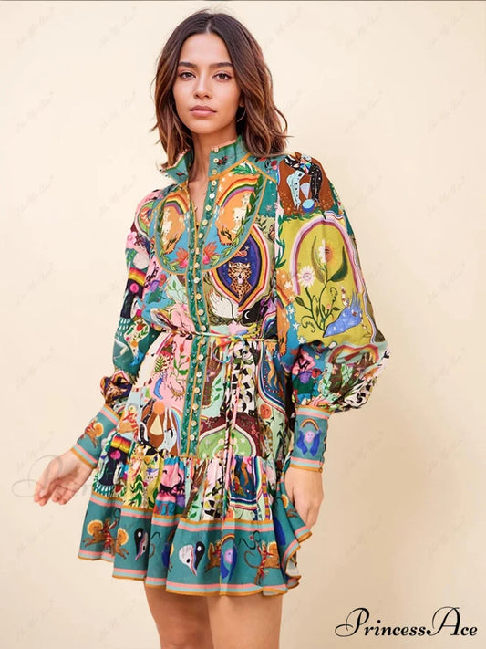 Graffiti Casual Evergreen Charming Printing Mini Dress Multicolor / S