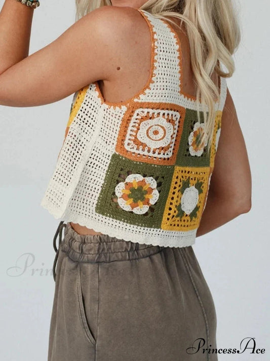 Granny Square Crochet Floral Embroidery Cami Top Modified Output: Elderly Square Knitted Flower Stitched Camisole Top