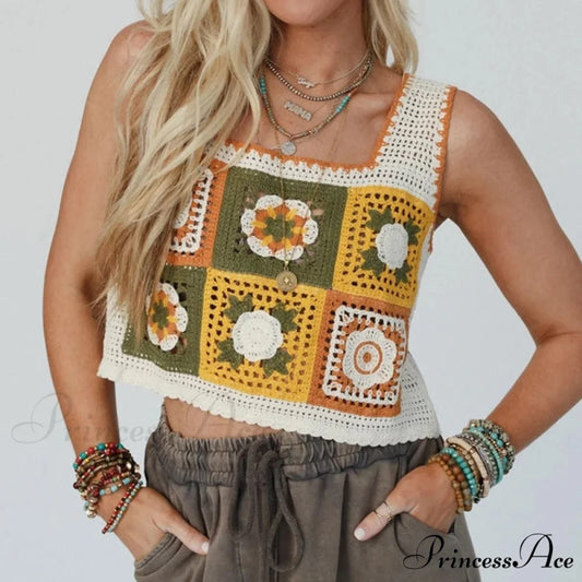 Granny Square Crochet Floral Embroidery Cami Top Modified Output: Elderly Square Knitted Flower Stitched Camisole Top