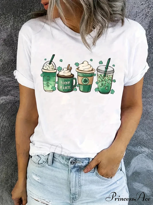 Graphic Print Short Sleeve St. Patrick’s Day Coffee Women’s Summer & Spring T-shirt WHITE / S