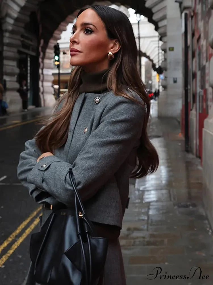 Gray Circular Neck Folded Short Skirt Jacket coats-241228