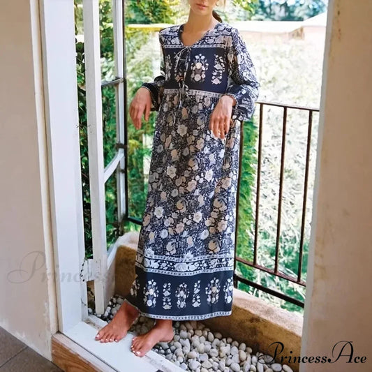 Gray Flower Pattern Lantern Sleeve Fringe Retro Long Bohemian Dress Grey / S bohodress-250126