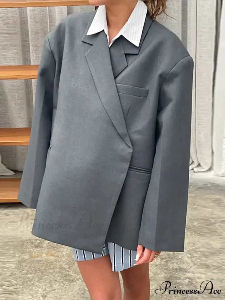 Gray Lapel Buttoned Elegant Loose Long Sleeves New Fashionable Stylish Coat Grey / S