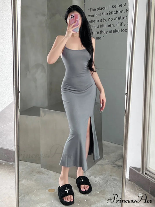 Gray Mermaid Hem Cami Slit Dress S / Gray