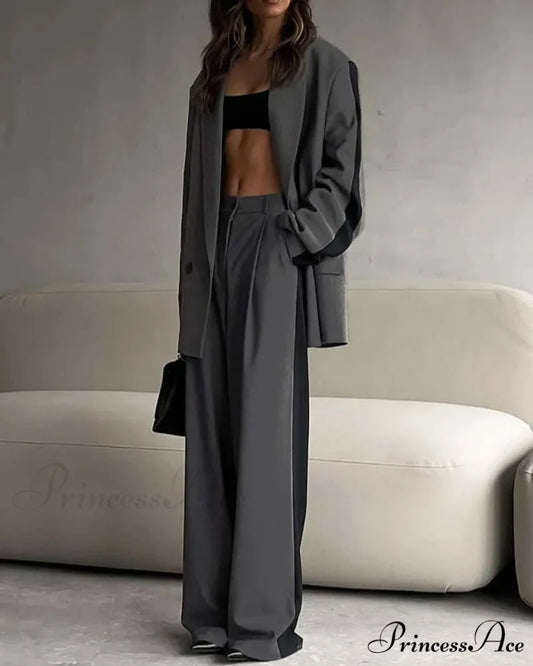 Gray Patchwork Blazer Pants Office Two Piece Set officetwopieceset-250223