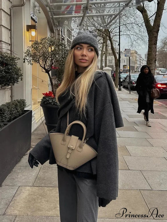 Gray Scarf Collar Woolen Jacket coats-241228