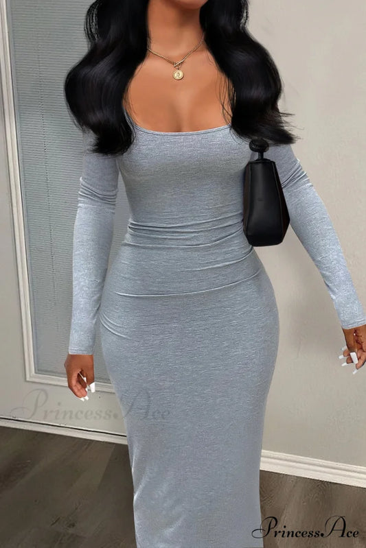 Gray Square Neck Bodycon Dress - Long Sleeve XS / Black