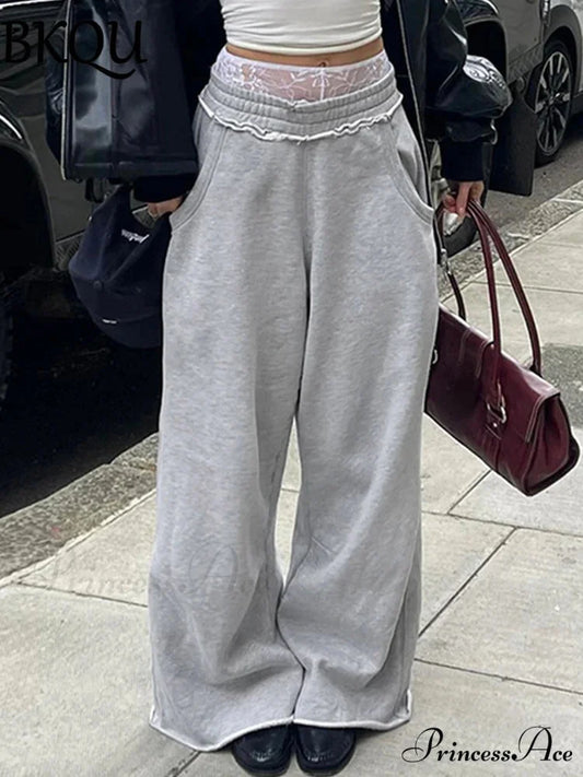 Gray Sweatpants Harajuku Wide Leg Joggers Waist Pocket Baggy Pants Gray / S