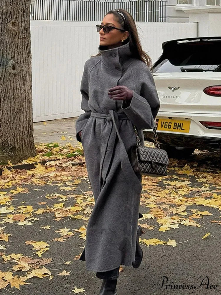 Gray Tall Neck Extended Woolen Coat coats-241228