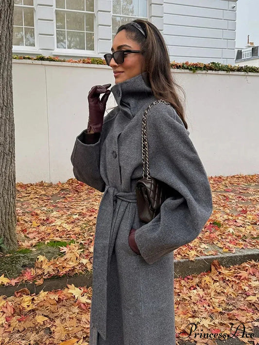 Gray Tall Neck Extended Woolen Coat coats-241228
