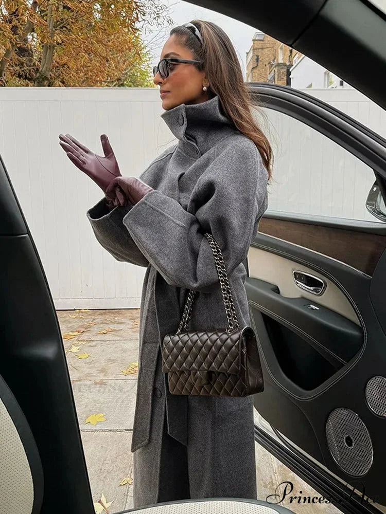 Gray Tall Neck Extended Woolen Coat coats-241228
