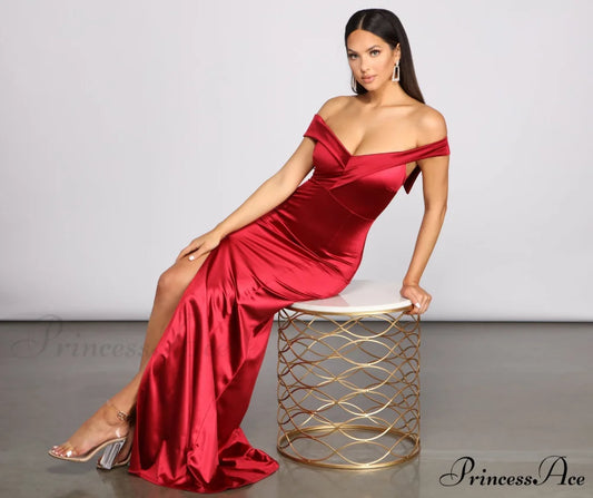 Grecia Formal High Charming Slit Satin Dress BURGUNDY / S