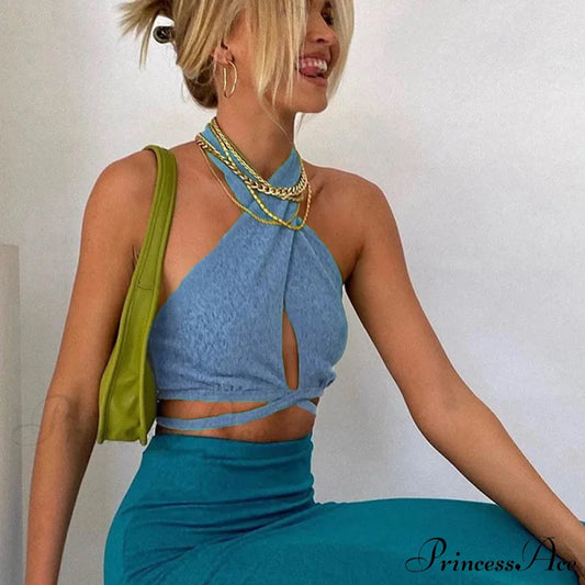 Green Bandage Halter Crops for Women Sleeveless Backless Club Party Chic Wrap Cropped Slim Streetwear Tank top Blue / S