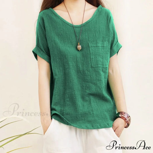 Green Brief Solid Blouse Arm Women Linen 5XL Cotton Casual 2024 O Neck Oversize Warm-Season Blouse Lady Tops Green / S