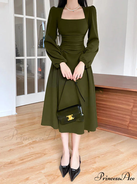 Green Midi Hem Dress with Puff Sleeves S / Black