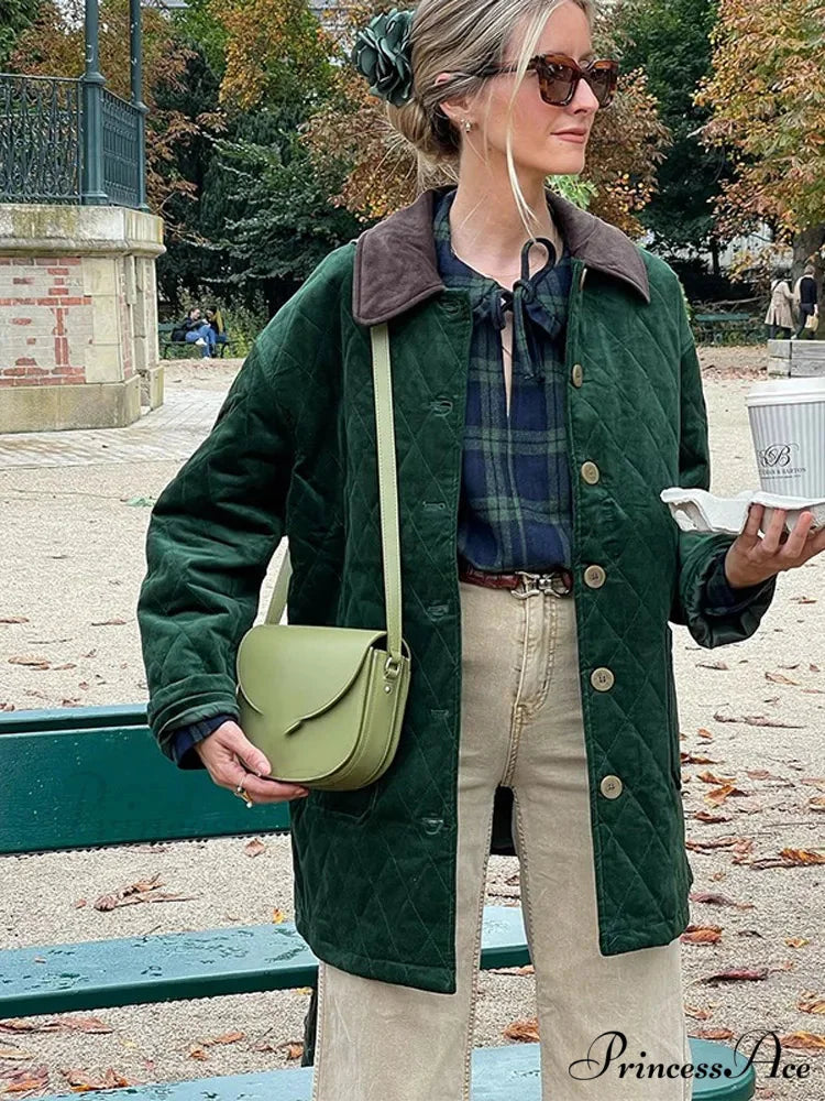 Green Patchwork Cotton Jacket coats-241228