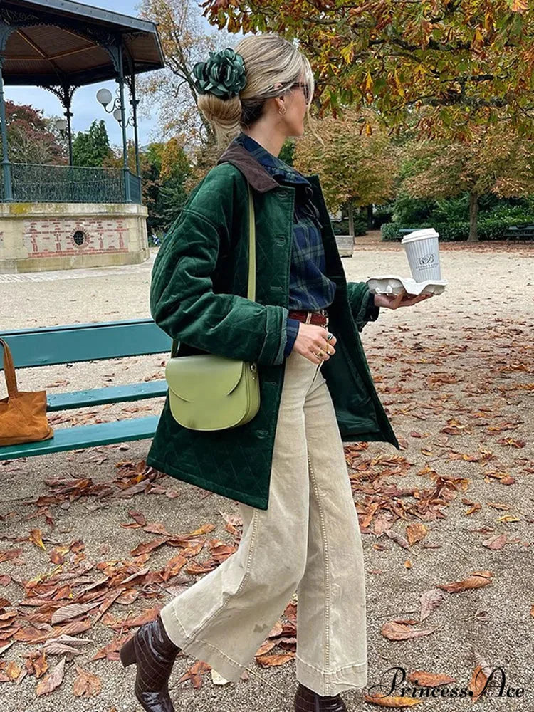 Green Patchwork Cotton Jacket coats-241228