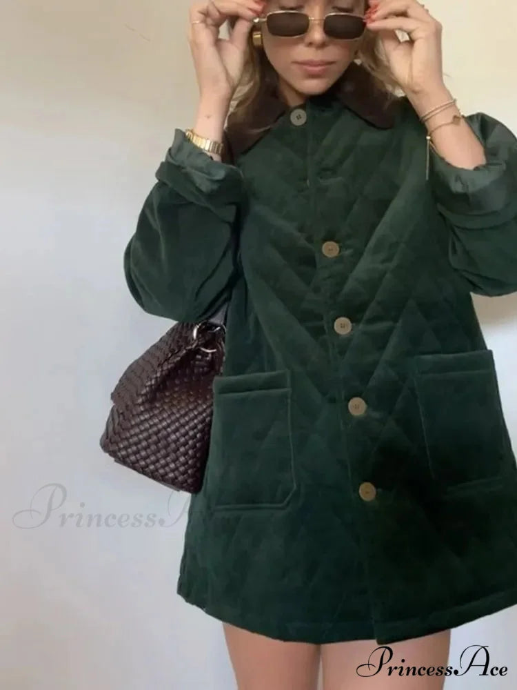 Green Patchwork Cotton Jacket coats-241228
