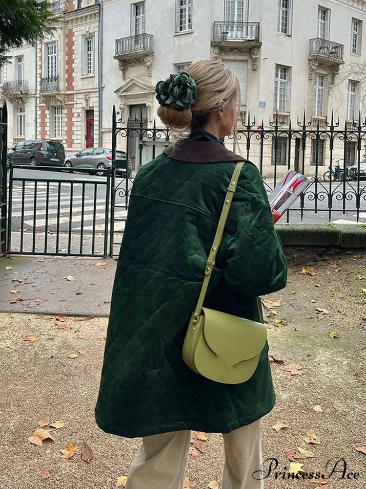 Green Patchwork Cotton Jacket Green / S coats-241228