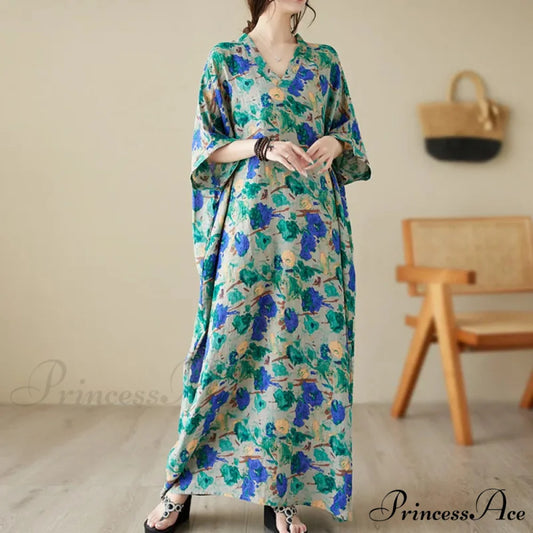 Green Red Cotton Linen Print Batwing Sleeve Retro Boho Dress Green / One Size