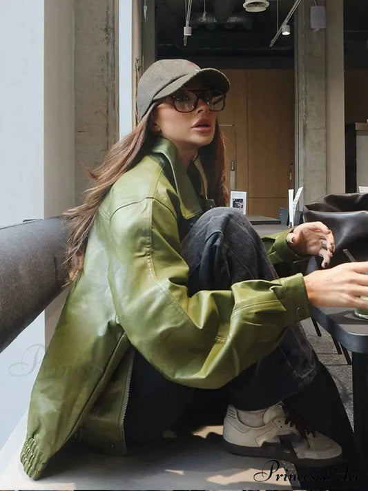 Green Single Breasted Leather Coat coats-241228