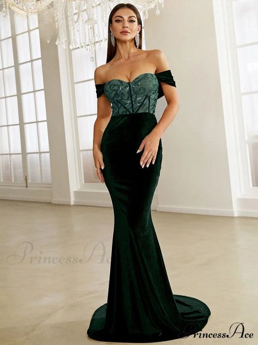Green Velvet Evening Dress Elegant Off Shoulder Sequin Bodycon Maxi Christmas Party Dress Green / S