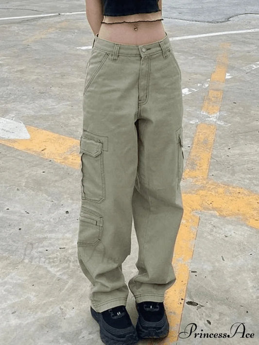 Green Wash Vintage Trendy Straight Cargo Jeans Green / S