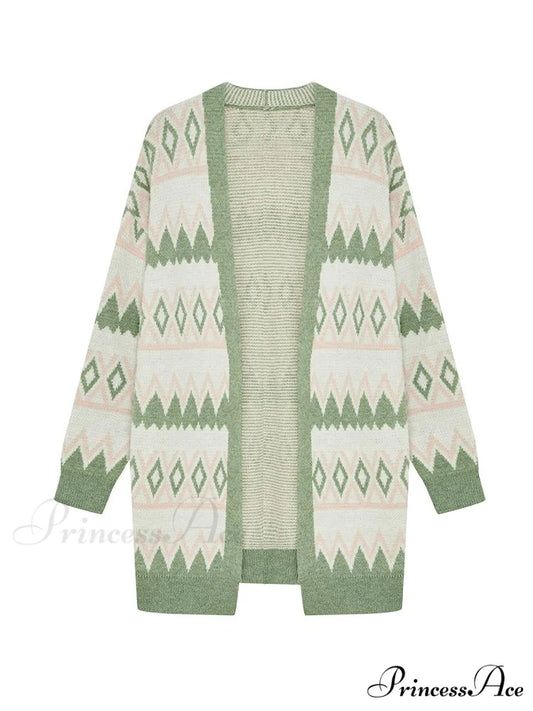 Green White Knee Length Loose Open Cardigan Sweater Green / S