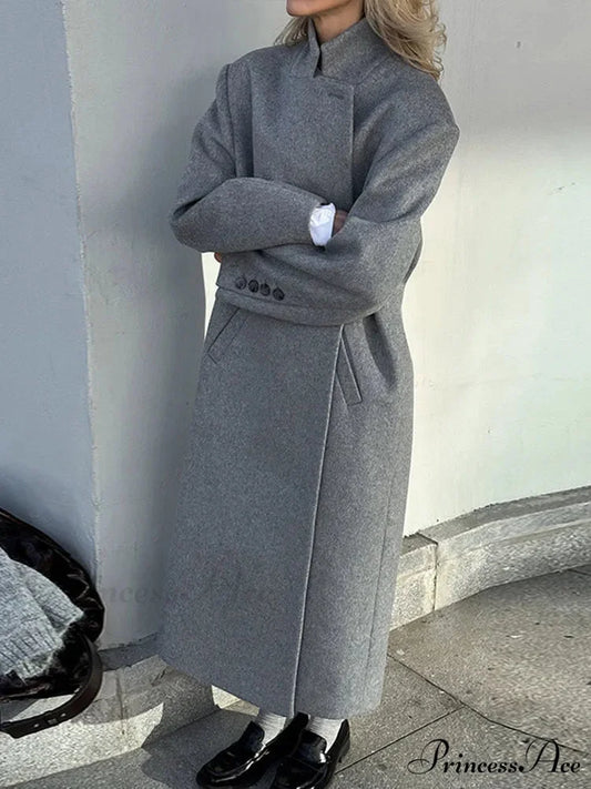 Grey Informal Wool Notched Button Up Overcoat overcoats-241228