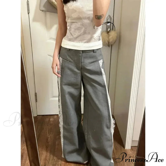 Grey Lace 2000s Women Suit Wide Leg Trousers pants-241228