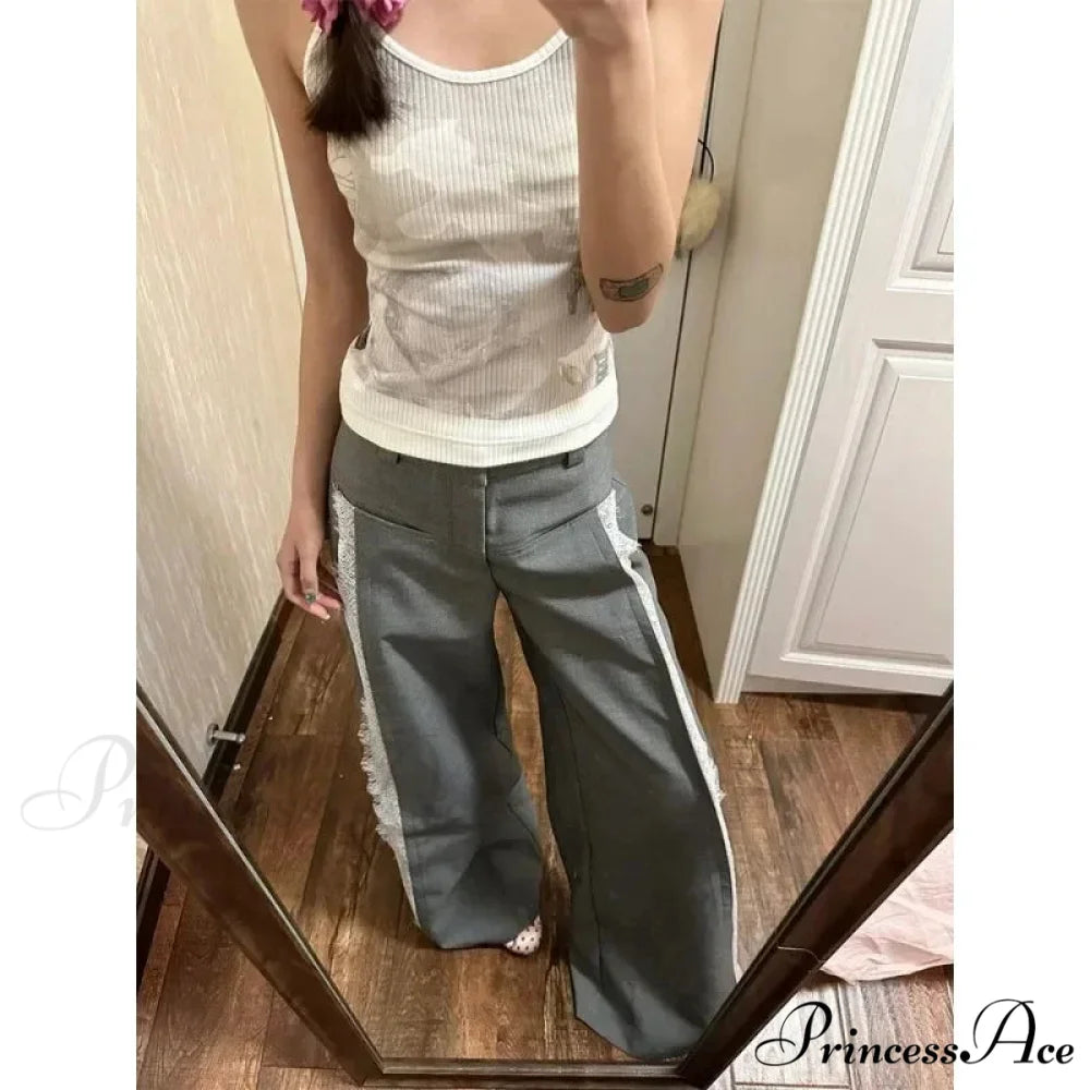 Grey Lace 2000s Women Suit Wide Leg Trousers pants-241228