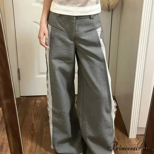 Grey Lace 2000s Women Suit Wide Leg Trousers white / S pants-241228