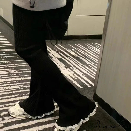 Grey Lace Flounce Women Informal Knit Trousers Black / S pants-241228