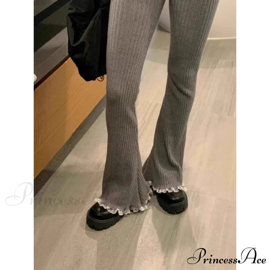 Grey Lace Flounce Women Informal Knit Trousers Gray / S pants-241228