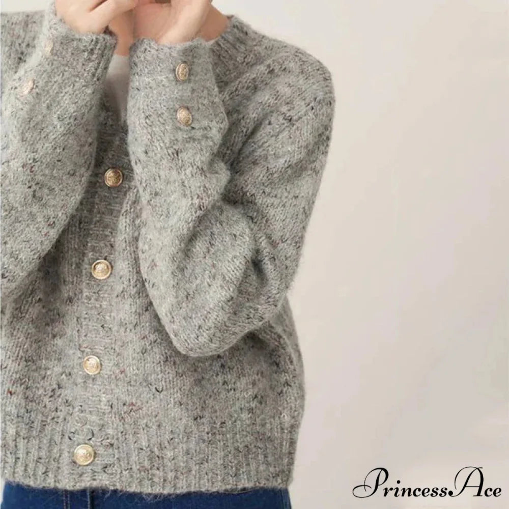 Grey Sophisticated Round-neck Button Cardigan GRAY / One Size cardigans-241228
