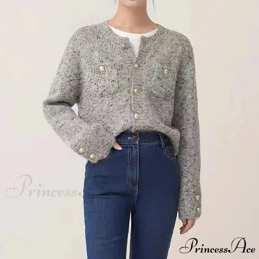Grey Sophisticated Round-neck Button Cardigan GRAY / One Size cardigans-241228