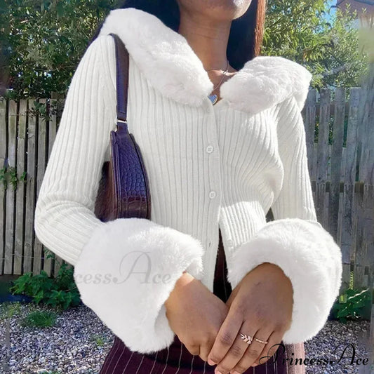Grooved Furry Border Sleek Knitted Cardigan White / S cardigans-241228