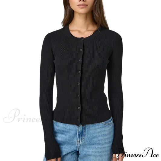 Grooved Slender Button-Up Extended Sleeve Cardigan Black / S cardigans-241228
