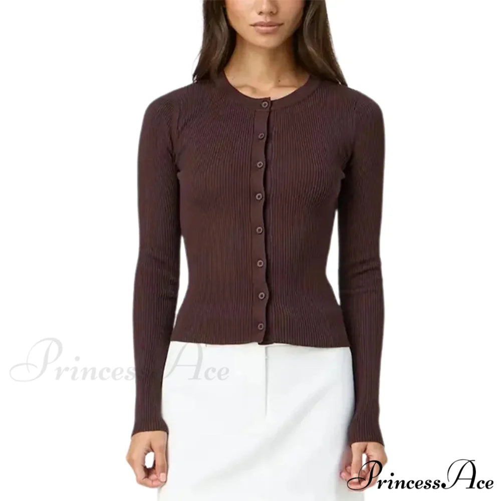 Grooved Slender Button-Up Extended Sleeve Cardigan Brown / S cardigans-241228