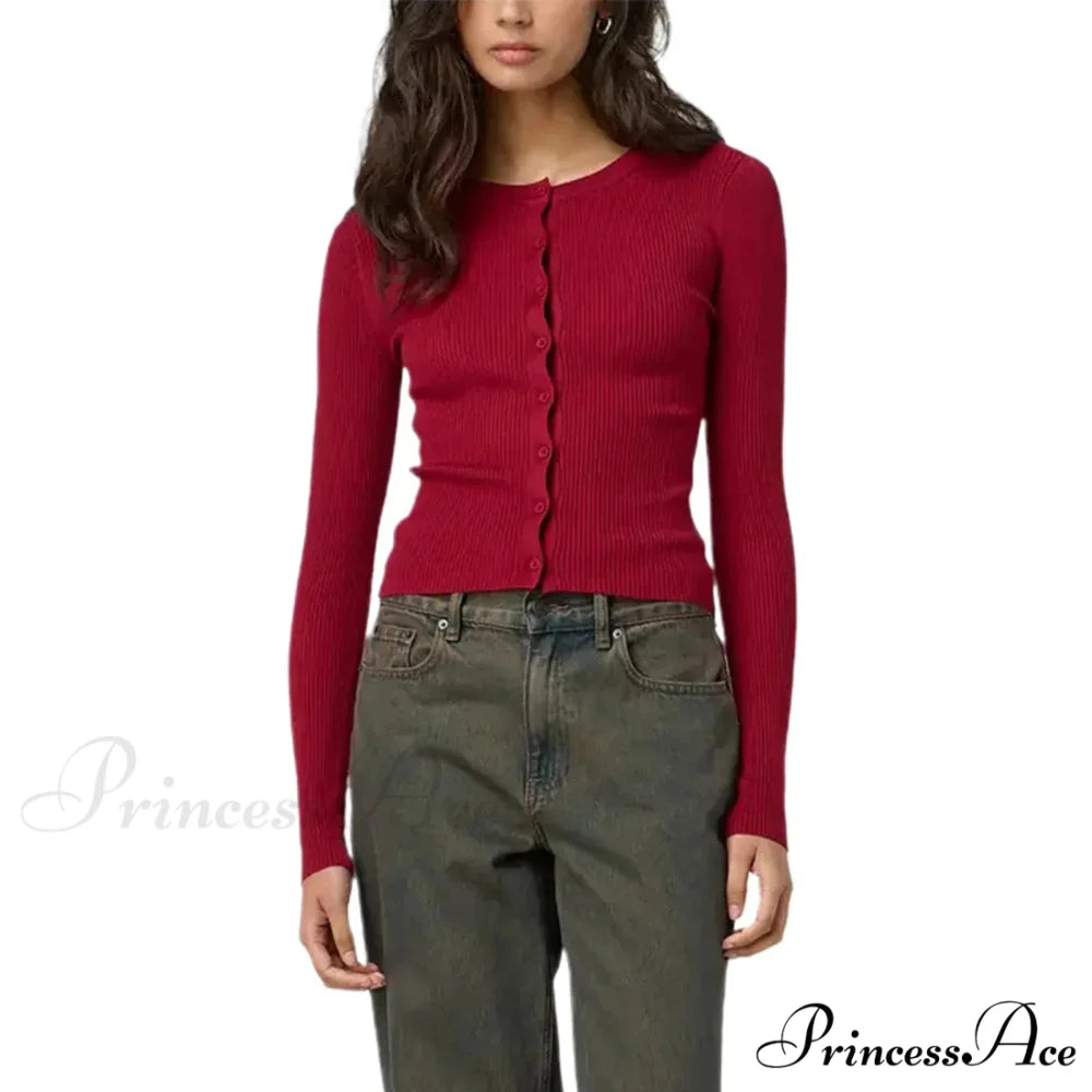 Grooved Slender Button-Up Extended Sleeve Cardigan Burgundy / S cardigans-241228