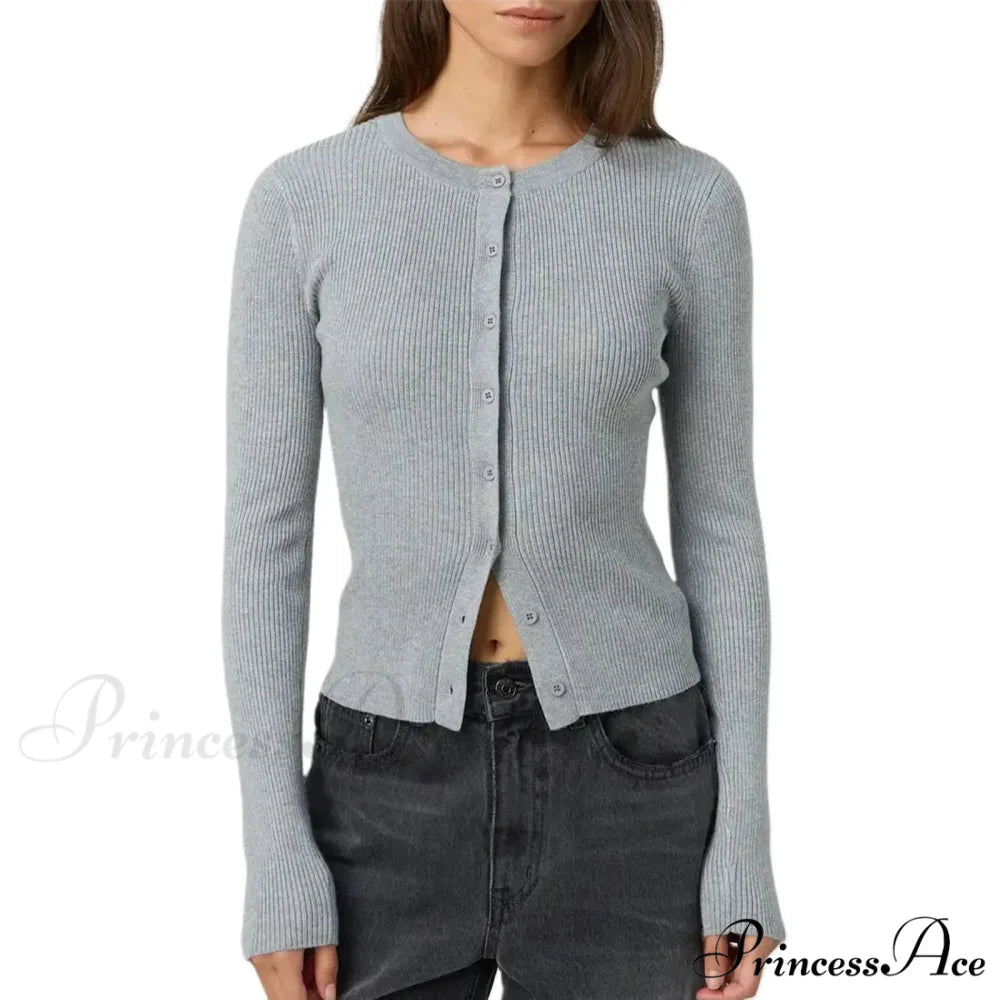 Grooved Slender Button-Up Extended Sleeve Cardigan GRAY / S cardigans-241228