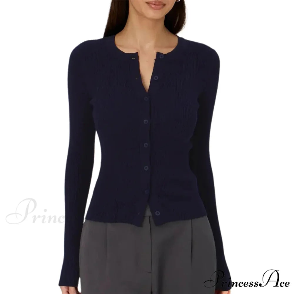 Grooved Slender Button-Up Extended Sleeve Cardigan Navy Blue / S cardigans-241228