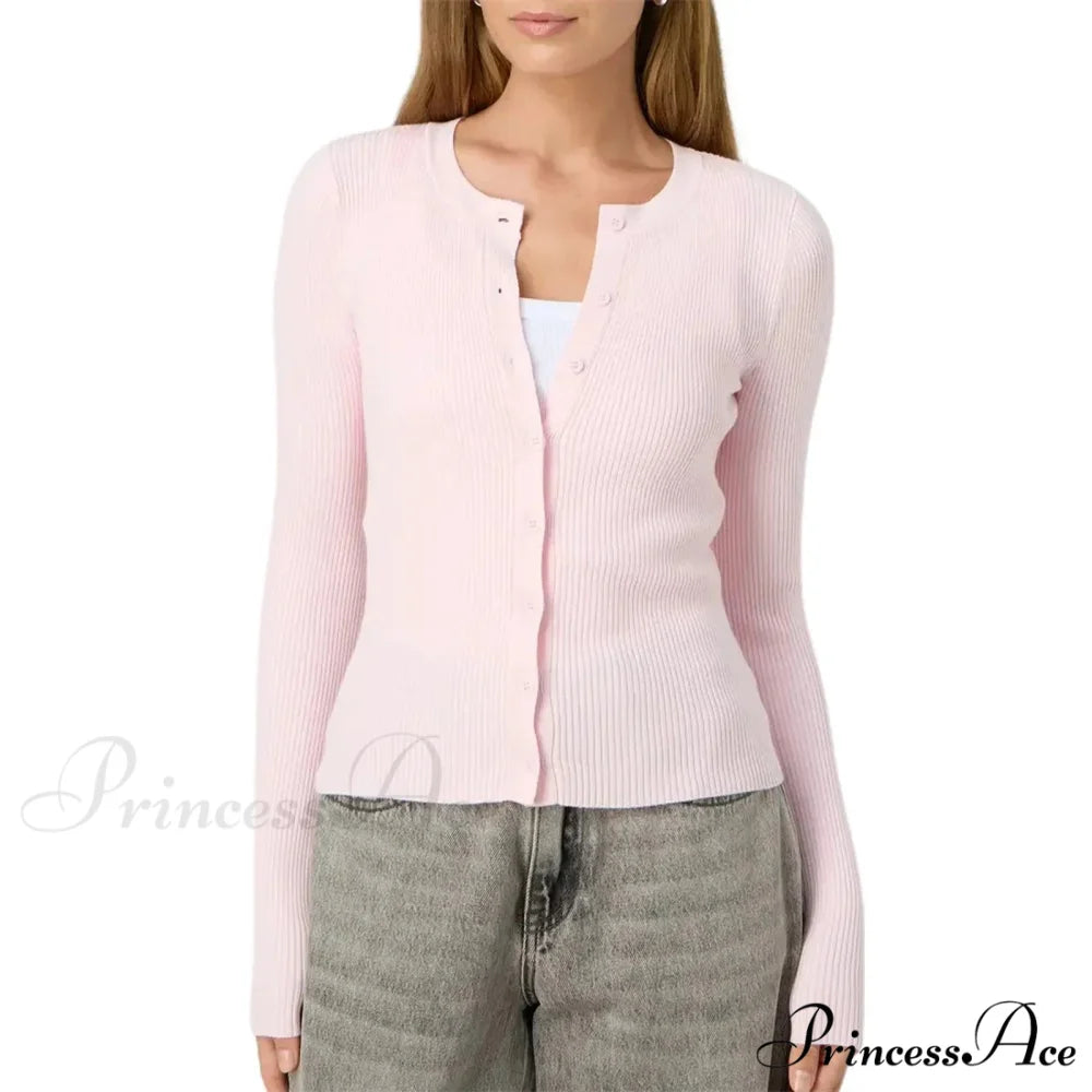 Grooved Slender Button-Up Extended Sleeve Cardigan Pink / S cardigans-241228