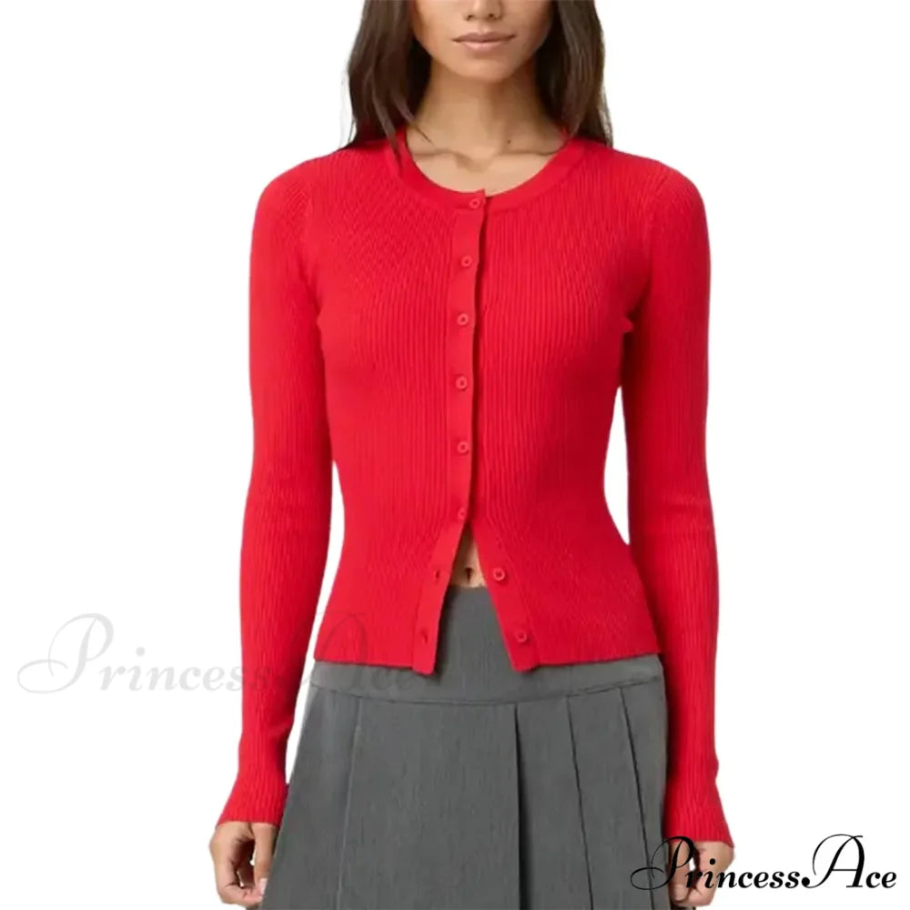 Grooved Slender Button-Up Extended Sleeve Cardigan Red / S cardigans-241228