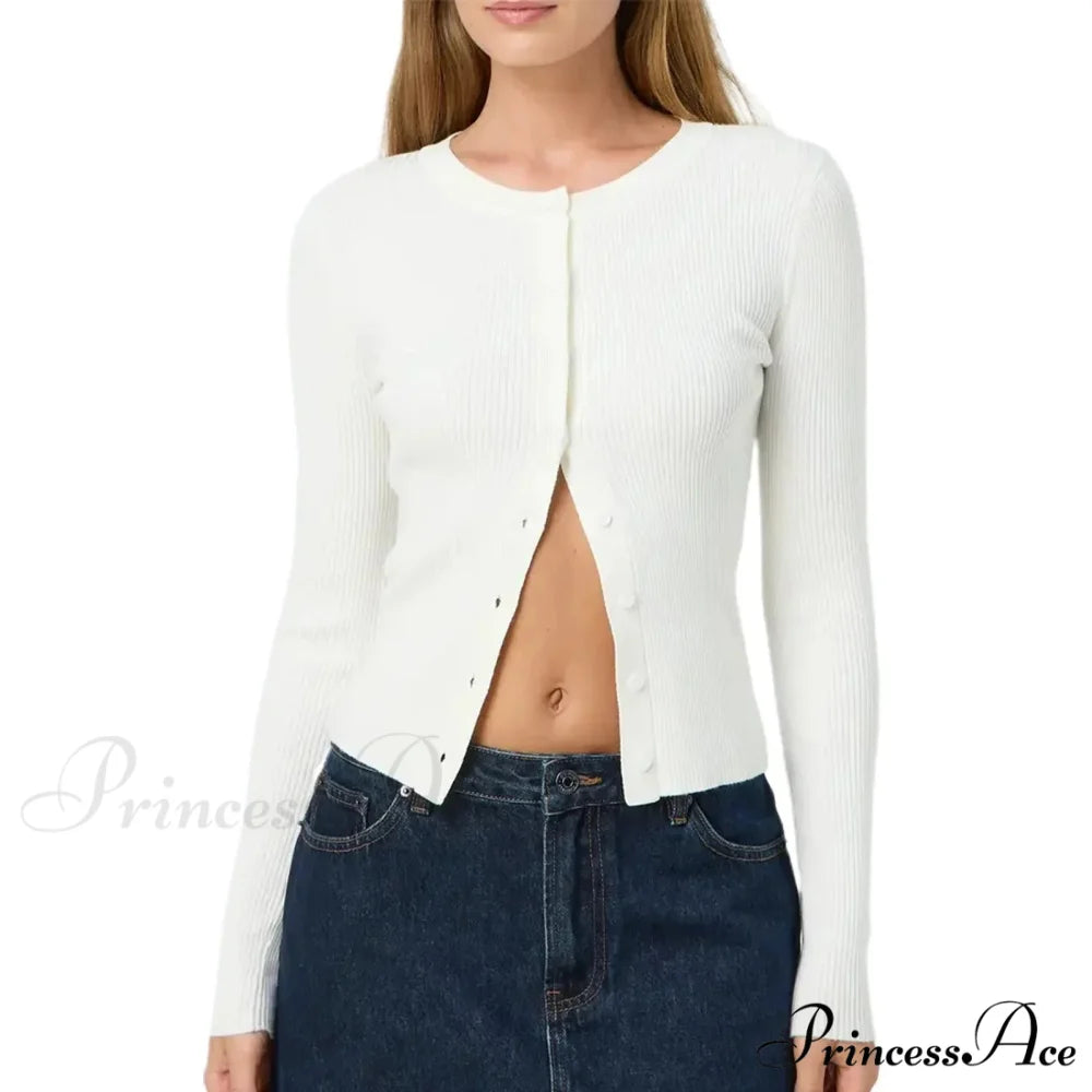 Grooved Slender Button-Up Extended Sleeve Cardigan WHITE / S cardigans-241228