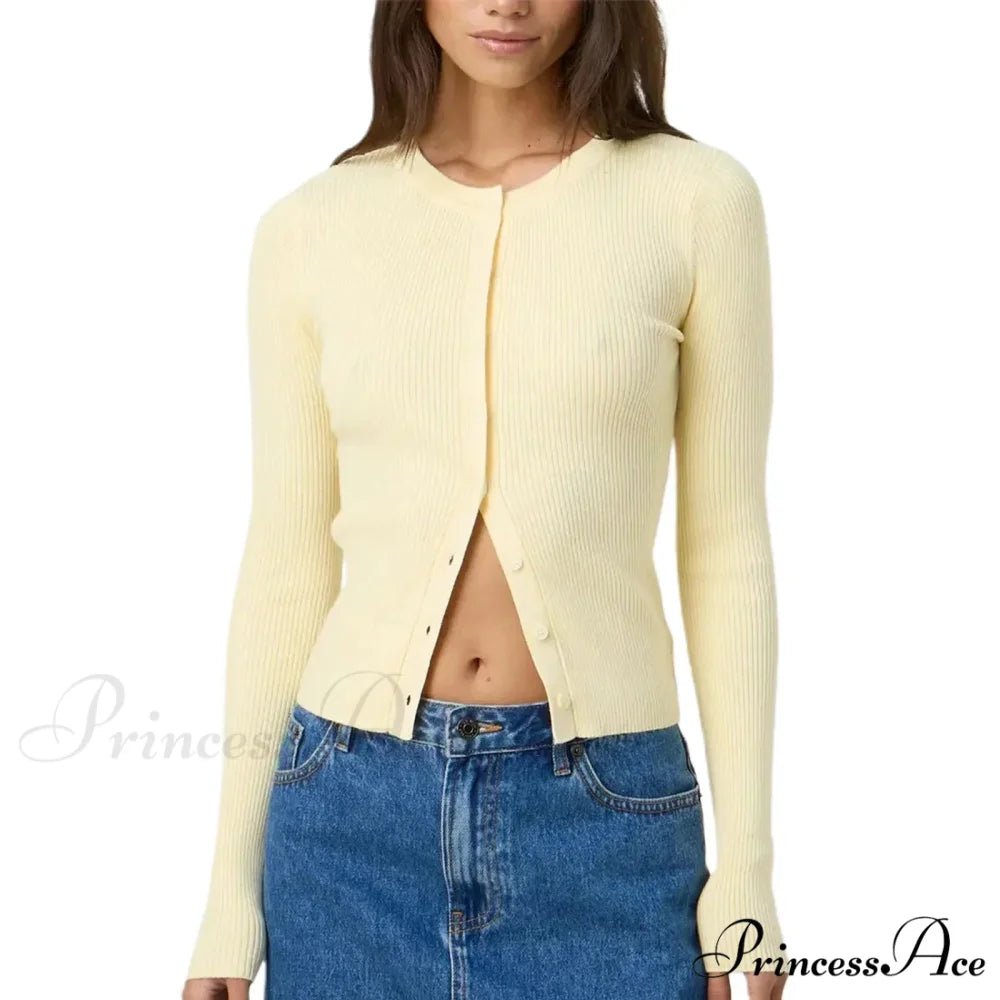 Grooved Slender Button-Up Extended Sleeve Cardigan Yellow / S cardigans-241228