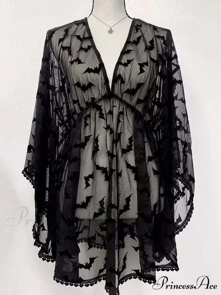 Grunge Aesthetic See Through Black Goth Lace E-Girls Chiffon Graphic Bat Night Club Dress Black / S