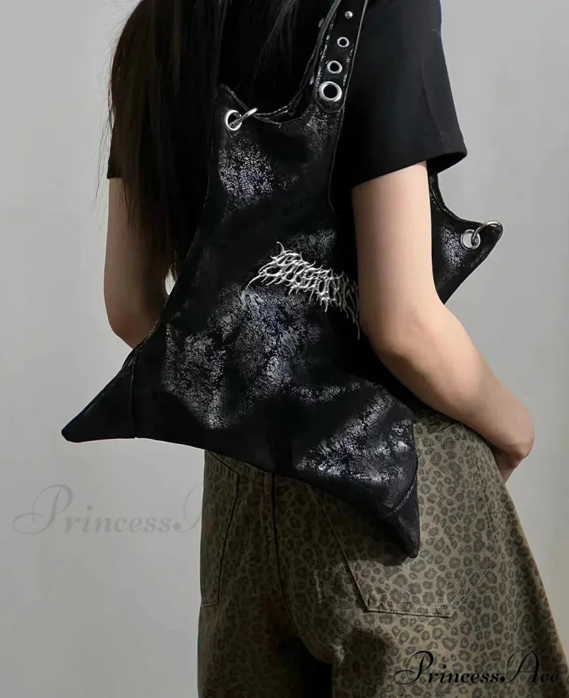 Grunge Black Gothic Dark PU Leather Large Capacity Vintage Rivet Messenger Bag Black