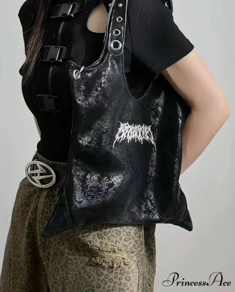 Grunge Black Gothic Dark PU Leather Large Capacity Vintage Rivet Messenger Bag Black